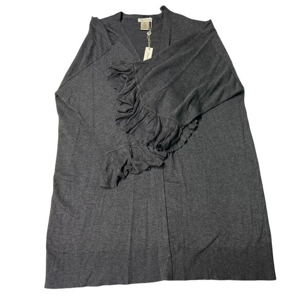 Max Studio Cardigan Grey Safety Pin Front Closure Ruffled Cuffs Medium - Picture 7 of 14